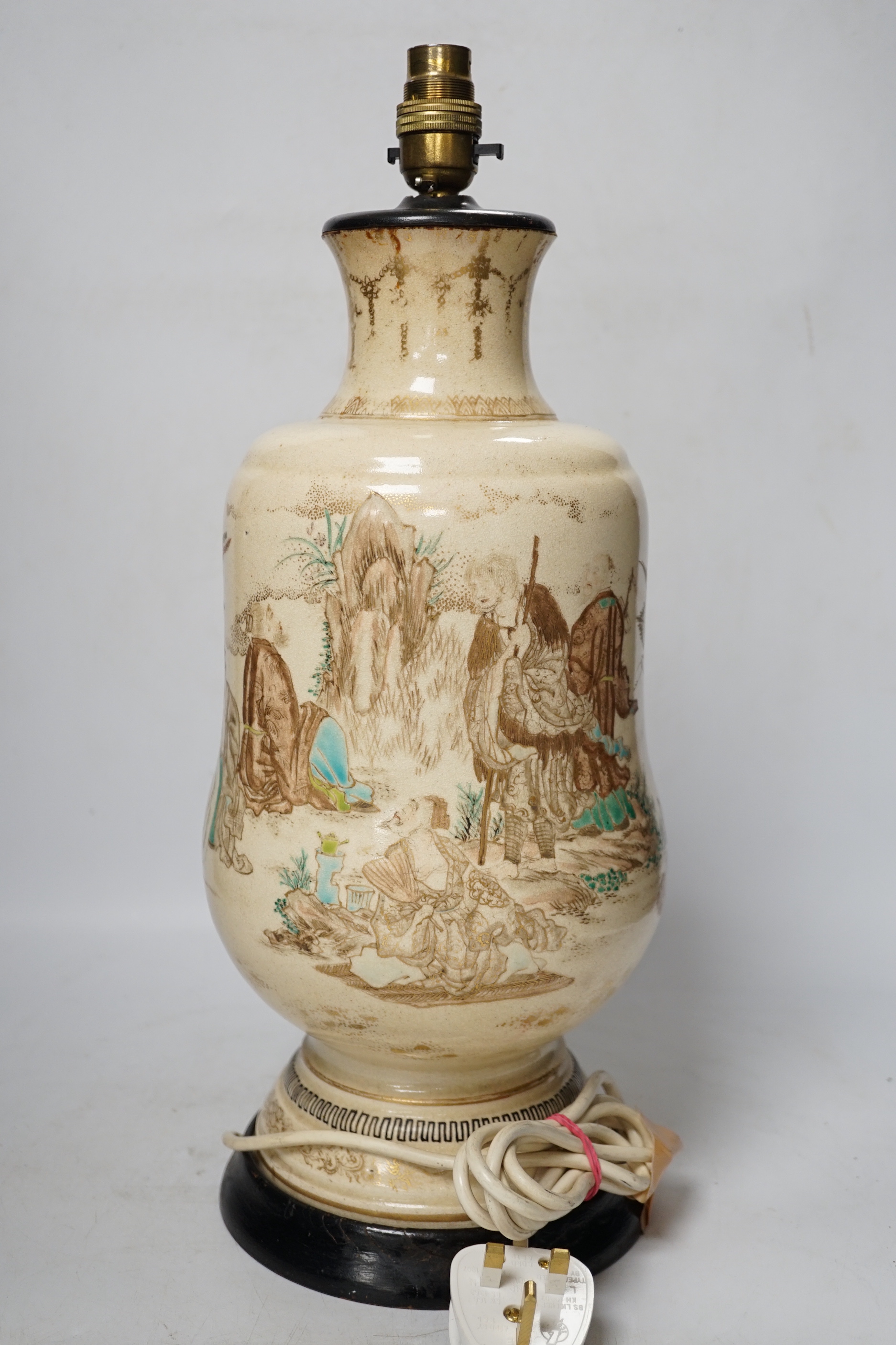 Two Japanese Satsuma pieces comprising lamp base and pot and cover, possibly Meiji period, largest 46cm high